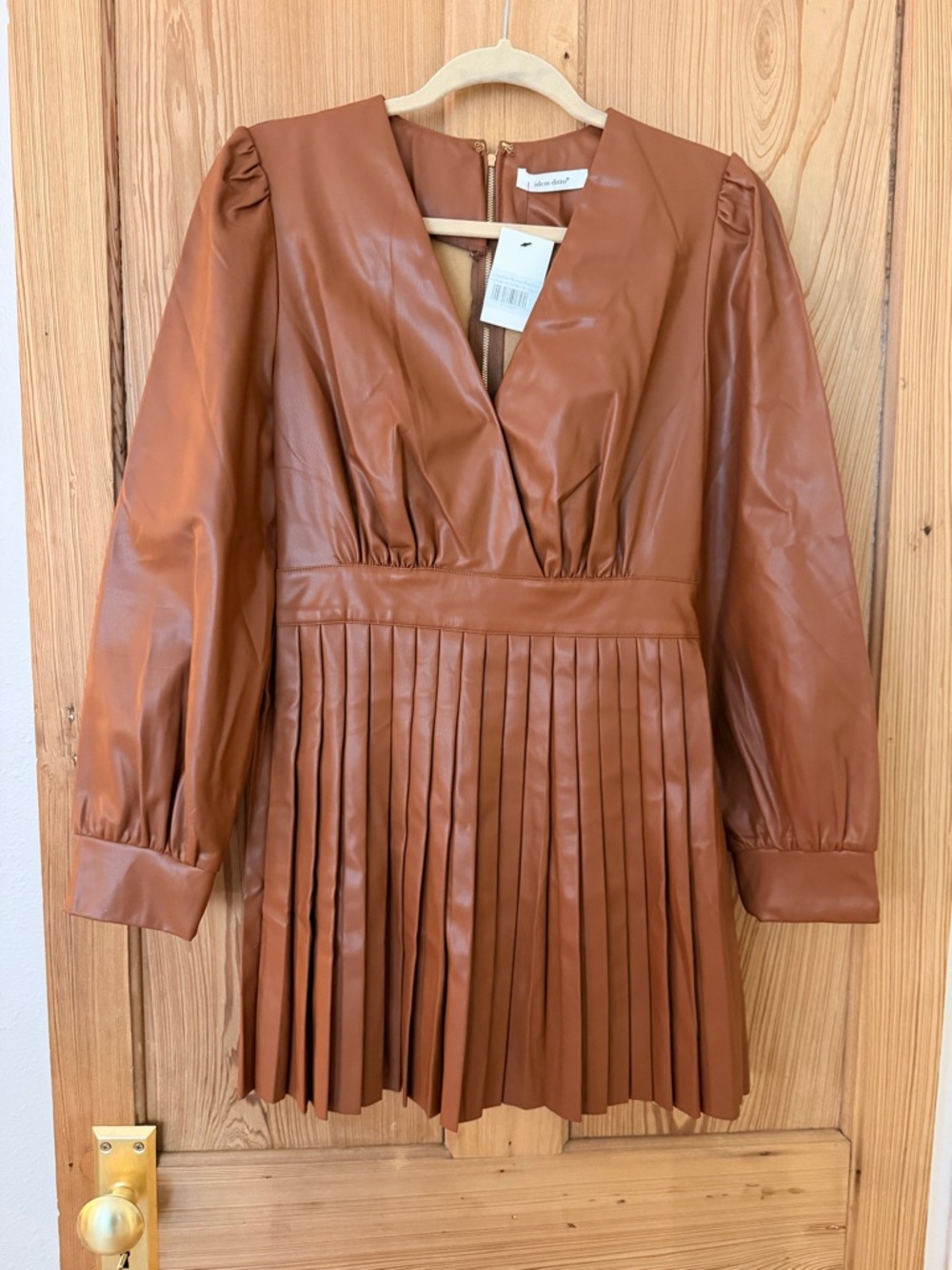 Faux Leather Pleated Mini Dress in Cognac NWT